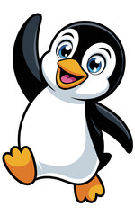 Obraz premium Happy cartoon penguin character waving a friendly greeting in a vibrant illustration design, perfect for children nursery room wall art, preschool education materials, greeting cards, or seasonal holi