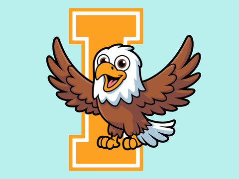 Cute cartoon bald eagle bird mascot flying with wings spread wide in front of a bold yellow letter I symbol on a light blue background, perfect for school sports team logos, educational branding conce