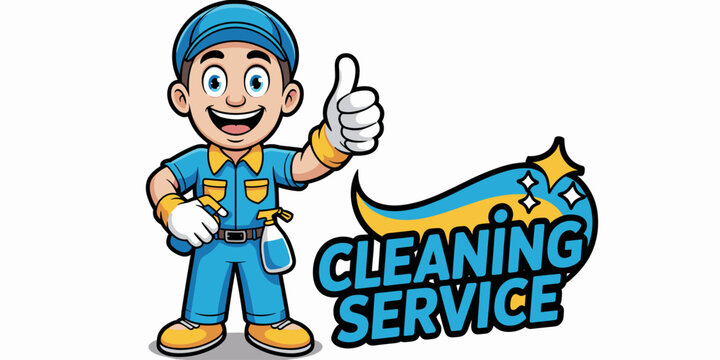 Professional janitor or cleaner character with thumbs up gesture, wearing blue uniform with spray bottles holding cleaning supplies, ideal for house maintenance service business mascot and housekeepin