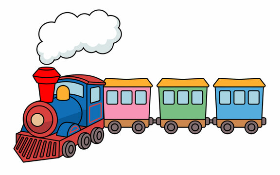 Fun colorful steam train engine with three carriages puffing thick white smoke isolated on white background illustrated childish transport character for education nursery decor playful creative graphi