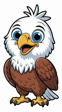 A cute bald eagle cartoon character standing proudly with expressive blue eyes and a cheerful smile, illustrated in a vibrant flat vector design perfect for children educational materials or mascot br