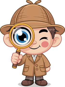Cute cartoon boy detective wearing a classic brown trench coat and deerstalker hat examining clues with a magnifying glass, playful child investigator character exploring mysteries in a clean vector s