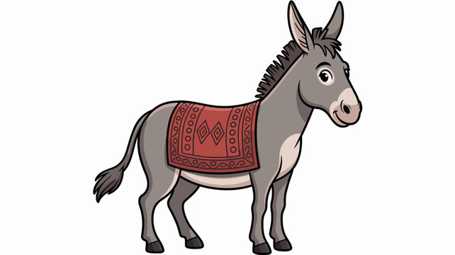 A Friendly Gray Donkey Character Standing Profile Proudly Wearing A Traditional Red Patterned Saddle Blanket Against A Clean White Background Representing Farm Animals Farmhouse Decor Agriculture Vect