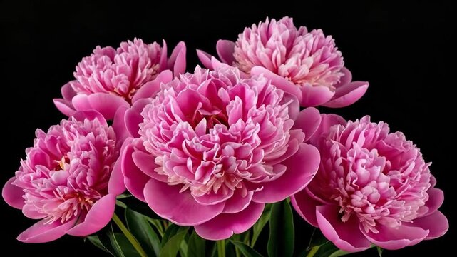 A vibrant showcasing a bouquet of beautiful pink peonies on a black background