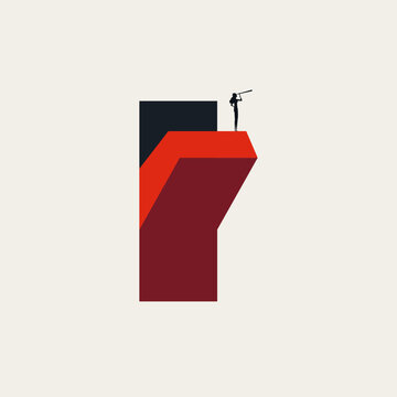 Minimal vector illustration concept: visionary businesswoman with telescope stands atop large red switch shape. Depicts vision, leadership, innovation, breakthrough, startup strategy, woman leader