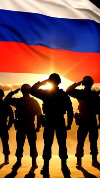 Silhouettes of Soldiers Saluting and Standing Under the Russian Flag at Sunset Composition