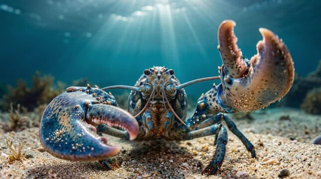 Macro shot of a blue lobster walking across a sandy seabed, detailed close-up of its shell texture, eyes, and claws with grains of sand, the lobster moving smoothly with one claw gently waving