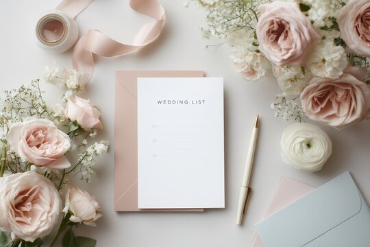Wedding checklist flat lay with flowers and stationery wedding planning