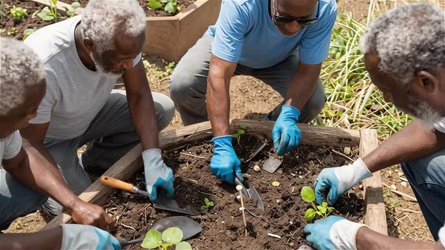 Gardening Together: A Group of Men Cultivating Plants in a Raised Bed Garden
