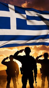 Patriotic silhouettes of soldiers saluting with Greek flag at sunset celebrating national pride