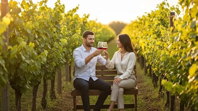 A romantic couple enjoying wine in a serene vineyard during a beautiful sunset