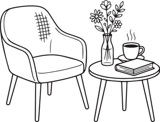 Fototapeta premium Minimalist Line Art of Cozy Reading Nook with Armchair, Coffee, and Flowers.