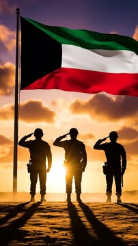 Dramatic silhouetted soldiers raising the Kuwaiti flag at sunset in a powerful display of patriotism and unity