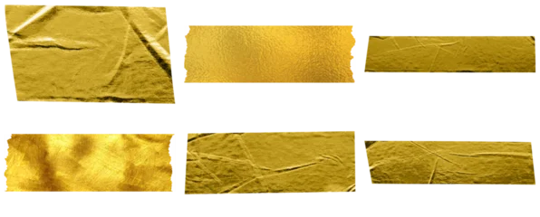 Fotobehang Goud Collection of gold foil tape pieces with crumpled textures and torn edges, isolated on a transparent background.  © Akbar