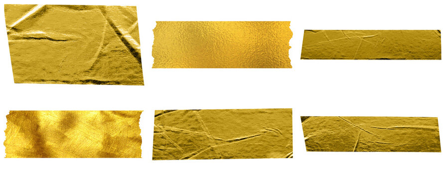 Collection of gold foil tape pieces with crumpled textures and torn edges, isolated on a transparent background.