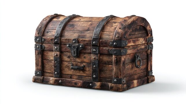 Vintage wooden chest with metal hardware isolated on a clean white background