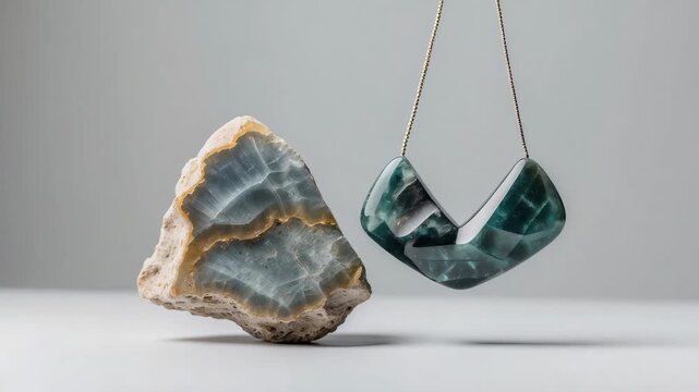 Display of blue agate stone and necklace with blue agate pendant on grey background