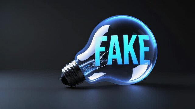 Light bulb with the word fake inside it, glowing in a dark setting and highlighting the concept of deception and counterfeit ideas