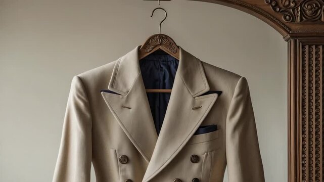 Classic cream suit hangs on a hook against a plain wall in a stylish dressing room
