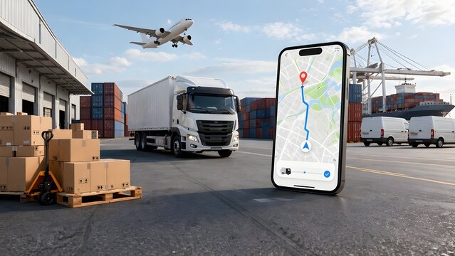 Global Logistics and Freight Transportation Concept with Delivery Truck Cargo Port Airplane and GPS Navigation App