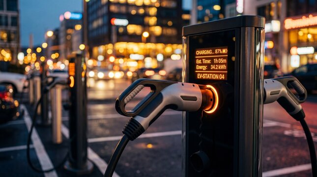 Electric Vehicle Charging Station at Dusk City Street with Glowing Indicators and Blurred Urban Background