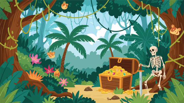 Mysterious tropical jungle setting reveals a skeleton guarding an open wooden treasure chest overflowing with sparkling gold coins.