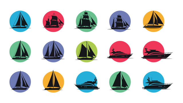 Collection of nautical icons features various silhouettes of sailboats and modern luxury yachts set against vibrant circular backgrounds.