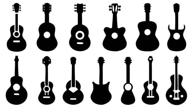 Black silhouettes of various guitars on white background