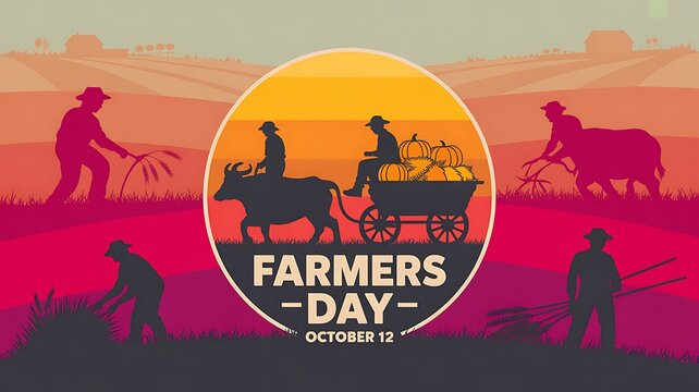 Farmers day, october 12th, silhouette bullock carts, fields, sunset, celebrating rural life, bullock cart