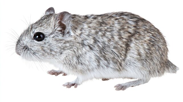 A side profile of a small gerbil with grey fur and large, dark eyes