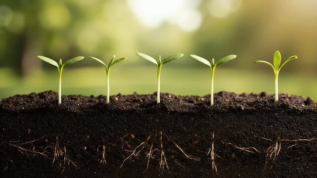 Close up of young plant sprouts growing in soil with visible roots.