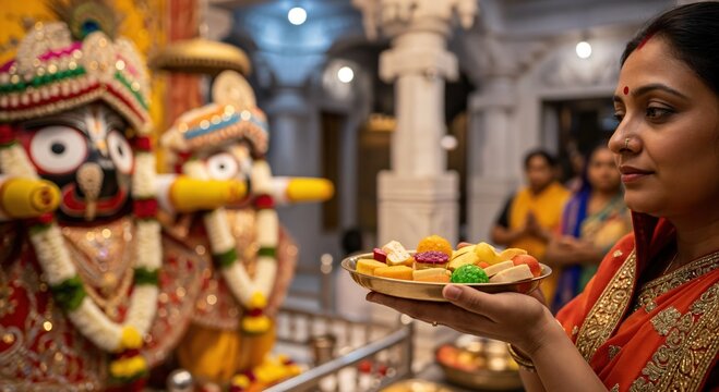 Indian Woman Offering Prasad Sweets to Lord Jagannath in Temple