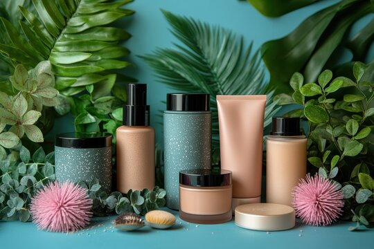 Trending beauty products are arranged in a flat lay format