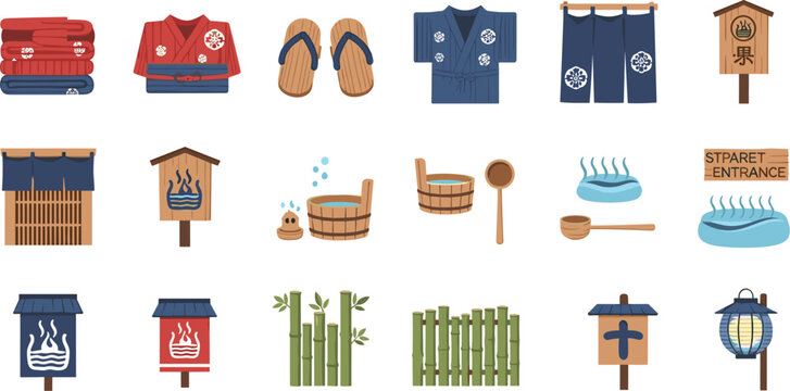 Japanese onsen and traditional bathhouse icon set featuring spa elements clothing signage bamboo hot springs flat vector illustration
