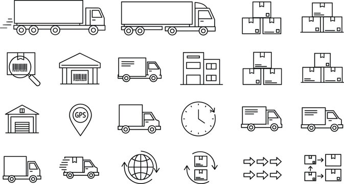 Logistics and shipping line icon set featuring delivery trucks warehouse tracking cargo distribution and supply chain outline vector illustration