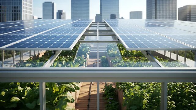 Urban Rooftop Farm with Solar Panels and City Skyline.