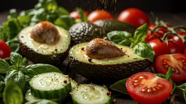 Fresh Avocados Tomatoes and Cucumbers on Wooden Table.