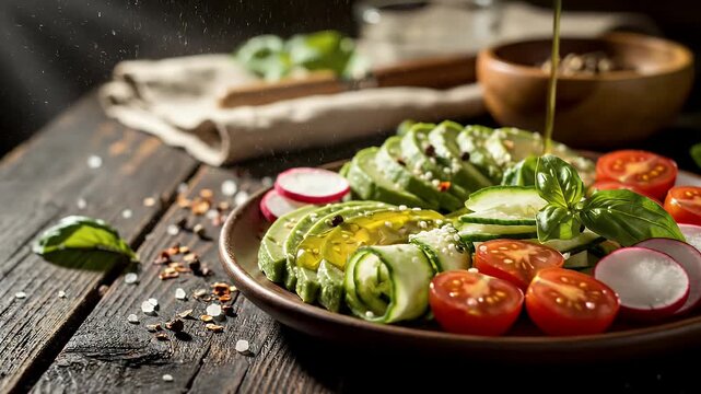Healthy Avocado and Vegetable Salad Being Dressed with Olive Oil.
