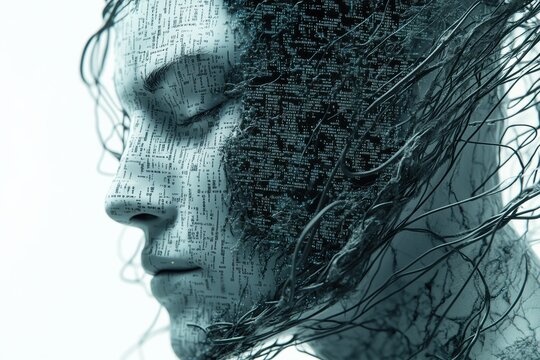 Human face covered by machine code and wires explores the blend of technology and identity