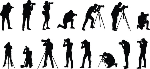 Photographers silhouettes cameras tripods diverse poses creative photography art flat vector © Samiul