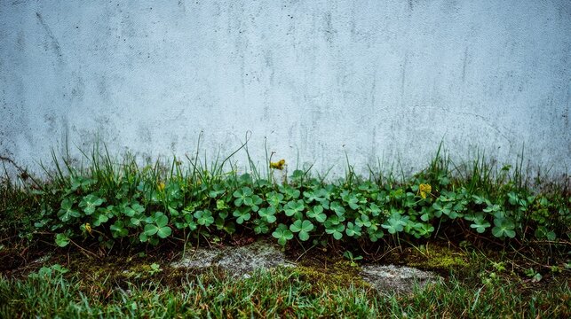 Green plants growing against a textured wall outdoors close up view