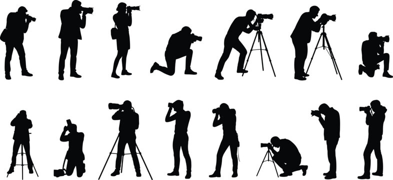 Photographers silhouettes cameras tripods diverse poses creative photography art flat vector