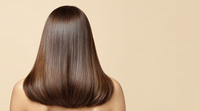 Smooth silky hair: back view of woman with glossy brunette hairstyle on beige background