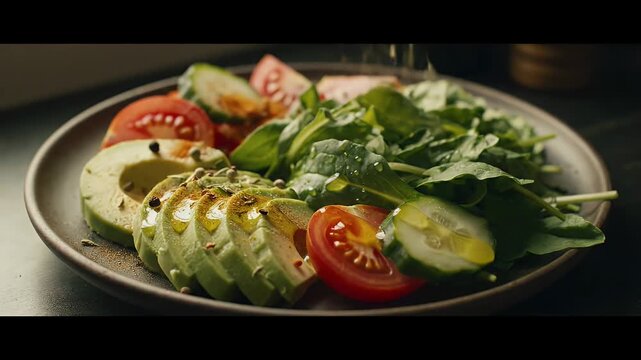 Fresh Avocado Tomato Salad with Greens and Olive Oil Drizzle.