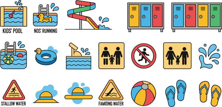 Swimming pool safety and water activity icon set featuring kids area slides lockers rules warnings and summer recreation vector