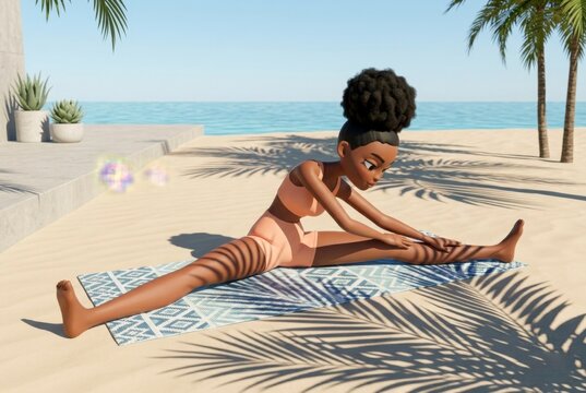3D stylized female character performing side split yoga stretch on tropical beach with palm tree shadows