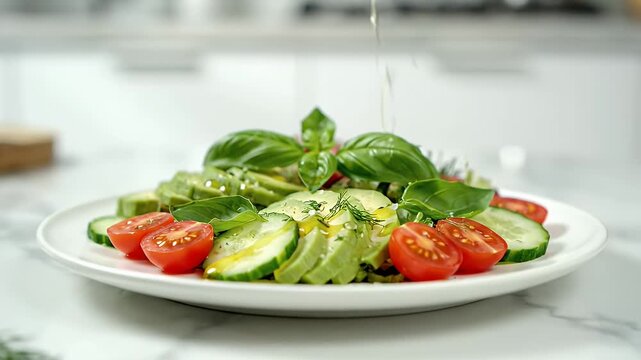 Fresh Avocado and Tomato Salad Being Dressed with Olive Oil.