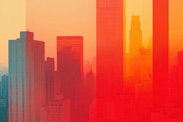 Fototapeta premium Heatwave in the city with redorange colors portraying urban life at sunset