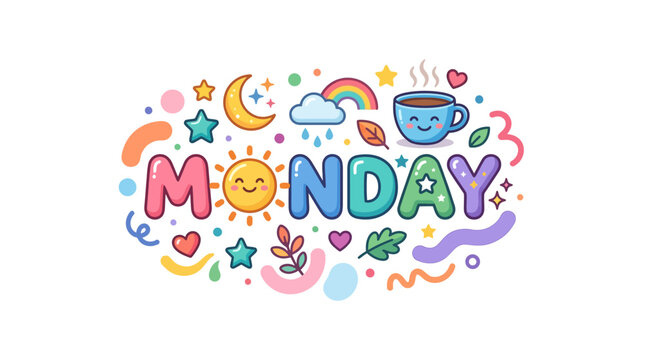Cute Monday illustration with sun, stars, rainbow, and coffee cup, perfect for a cheerful start to the week