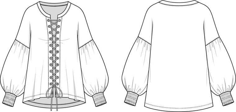 Womens Boho Lace Up Front Blouse Technical Sketch with Bishop Sleeves Smocked Cuffs and Loose Fit Fashion Flat Illustration Vector